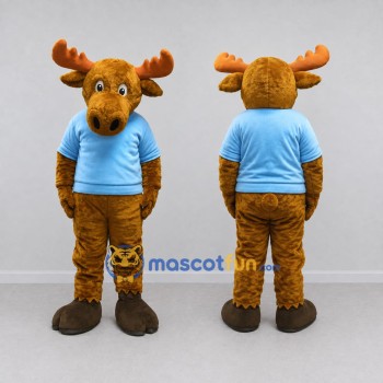 Custom Brown and Light Blue Moose in a Shirt Mascot Costume Adult Full Body Suit for School Events