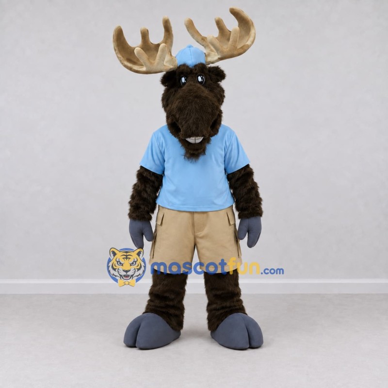 Custom Dark Brown and Light Blue Moose in a Cap and Shorts Mascot Costume Adult Full Body Suit for School Events