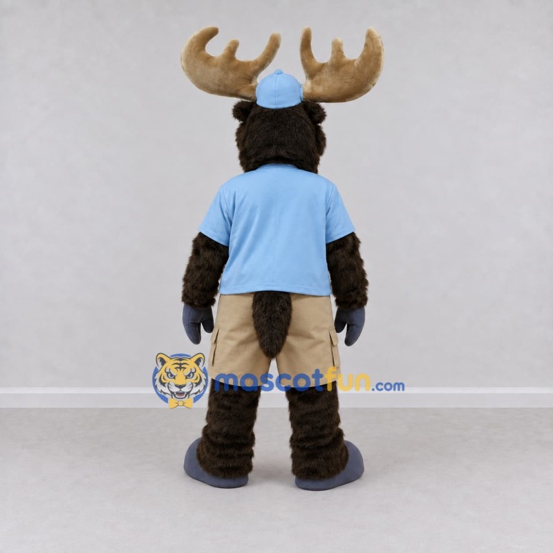 Custom Dark Brown and Light Blue Moose in a Cap and Shorts Mascot Costume Adult Full Body Suit for School Events