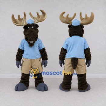 Custom Dark Brown and Light Blue Moose in a Cap and Shorts Mascot Costume Adult Full Body Suit for School Events