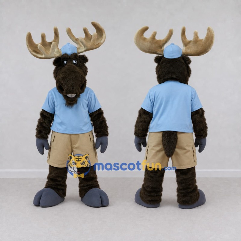 Custom Dark Brown and Light Blue Moose in a Cap and Shorts Mascot Costume Adult Full Body Suit for School Events