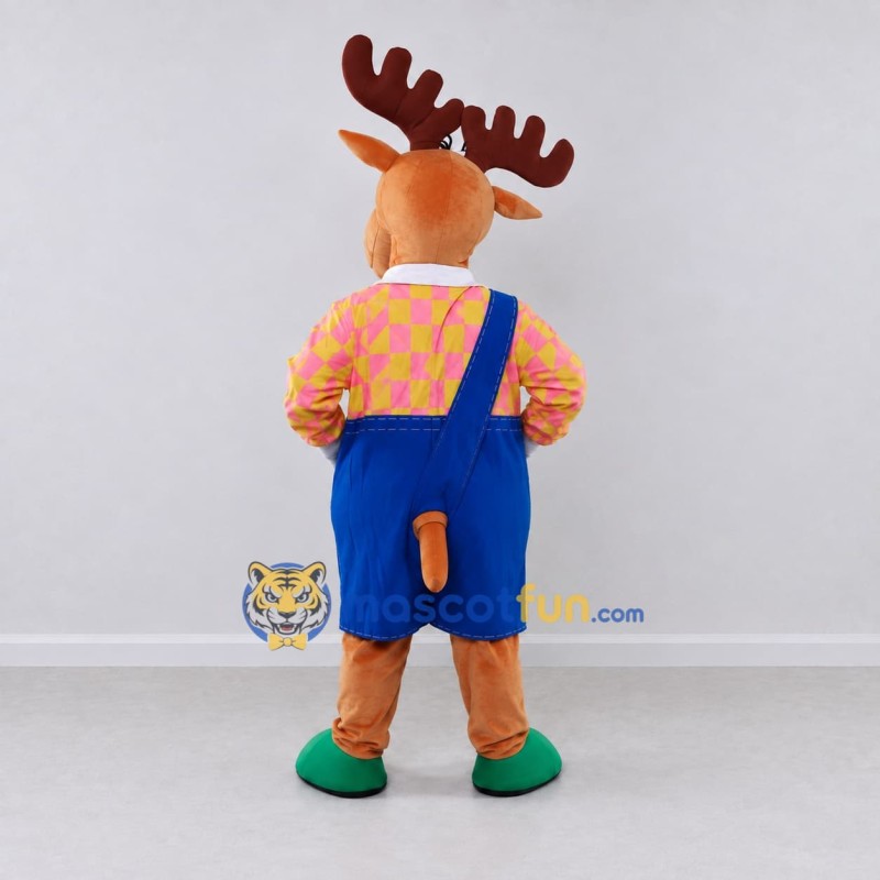 Custom Tan and Blue Moose in Overalls Mascot Costume Adult Full Body Suit for School Events Custom Tan and Blue Moose in Overalls Mascot Costume Adult Full Body Suit for School Events