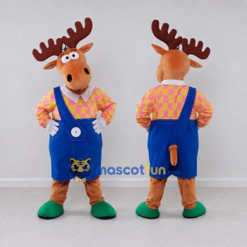 Custom Tan and Blue Moose in Overalls Mascot Costume Adult Full Body Suit for School Events
