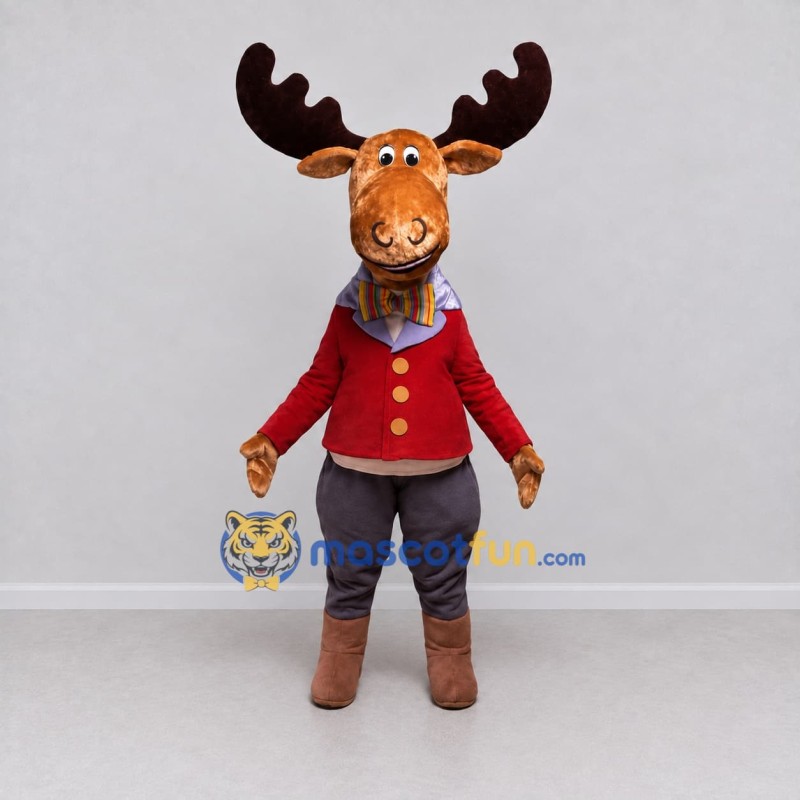 Custom Brown and Red Moose in a Formal Jacket Mascot Costume Adult Full Body Suit for Theme Parties Custom Brown and Red Moose in a Formal Jacket Mascot Costume Adult Full Body Suit for Theme Parties
