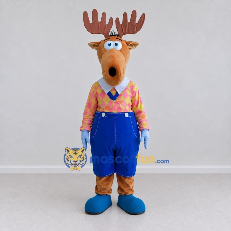 Custom Tan and Blue Moose in a Colorful Outfit Mascot Costume Adult Full Body Suit for School Events