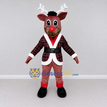 Custom Brown and Red Reindeer in a Plaid Jacket Mascot Costume Adult Full Body Suit for Christmas Events Custom Brown and Red Reindeer in a Plaid Jacket Mascot Costume Adult Full Body Suit for Christmas Events