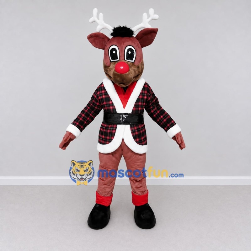 Custom Brown and Red Reindeer in a Plaid Jacket Mascot Costume Adult Full Body Suit for Christmas Events Custom Brown and Red Reindeer in a Plaid Jacket Mascot Costume Adult Full Body Suit for Christmas Events