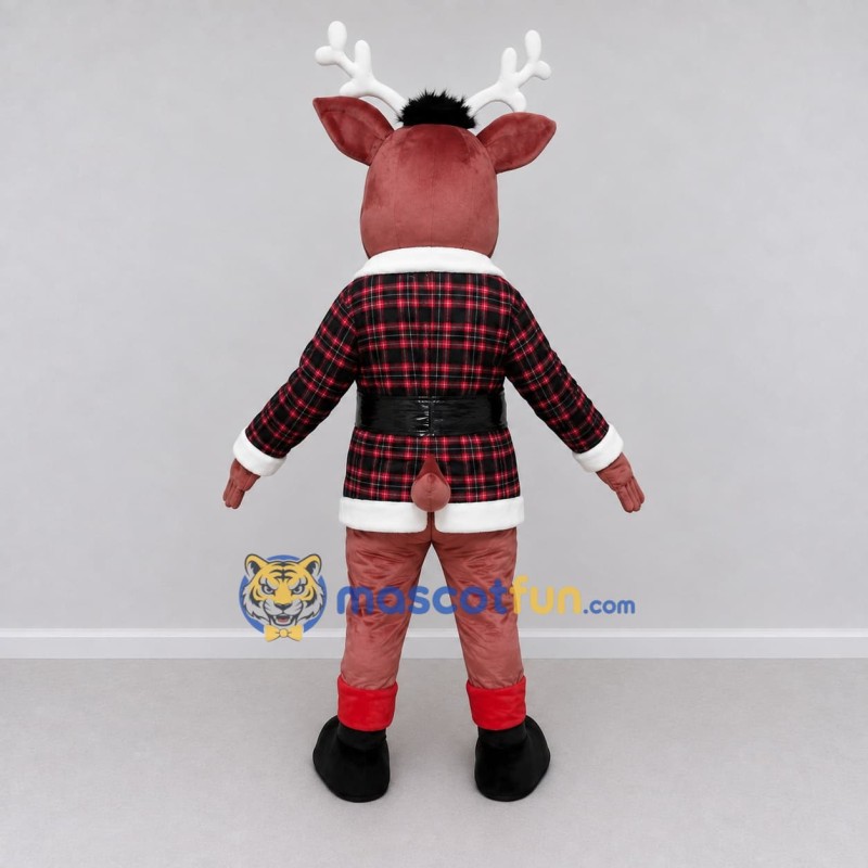 Custom Brown and Red Reindeer in a Plaid Jacket Mascot Costume Adult Full Body Suit for Christmas Events Custom Brown and Red Reindeer in a Plaid Jacket Mascot Costume Adult Full Body Suit for Christmas Events