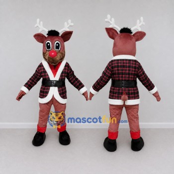 Custom Brown and Red Reindeer in a Plaid Jacket Mascot Costume Adult Full Body Suit for Christmas Events