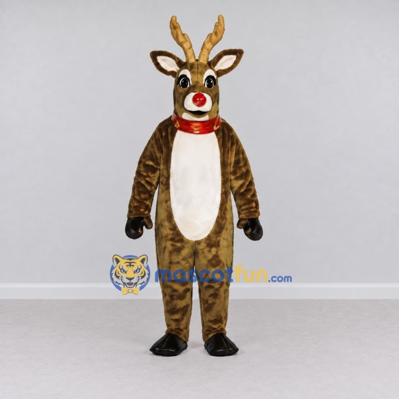 Custom Brown and White Red-Nosed Reindeer with a Scarf Mascot Costume Adult Full Body Suit for Christmas Events Custom Brown and White Red-Nosed Reindeer with a Scarf Mascot Costume Adult Full Body Suit for Christmas Events