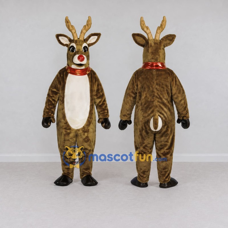 Custom Brown and White Red-Nosed Reindeer with a Scarf Mascot Costume Adult Full Body Suit for Christmas Events Custom Brown and White Red-Nosed Reindeer with a Scarf Mascot Costume Adult Full Body Suit for Christmas Events
