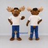 Custom Brown and Blue Moose in Casual Clothes Mascot Costume Adult Full Body Suit for School Events Custom Brown and Blue Moose in Casual Clothes Mascot Costume Adult Full Body Suit for School Events