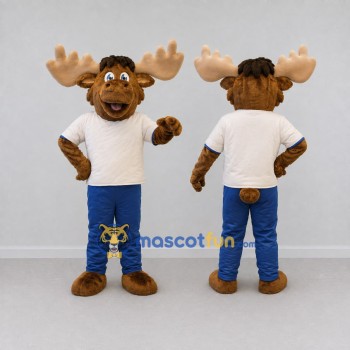 Custom Brown and Blue Moose in Casual Clothes Mascot Costume Adult Full Body Suit for School Events