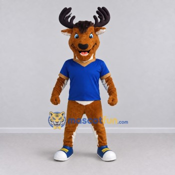 Custom Brown and Blue Deer Character in Sportswear Mascot Costume Adult Full Body Suit for Sports Events Custom Brown and Blue Deer Character in Sportswear Mascot Costume Adult Full Body Suit for Sports Events