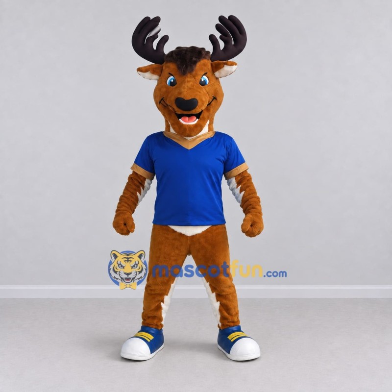 Custom Brown and Blue Deer Character in Sportswear Mascot Costume Adult Full Body Suit for Sports Events Custom Brown and Blue Deer Character in Sportswear Mascot Costume Adult Full Body Suit for Sports Events