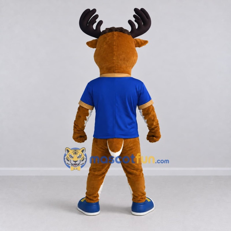 Custom Brown and Blue Deer Character in Sportswear Mascot Costume Adult Full Body Suit for Sports Events Custom Brown and Blue Deer Character in Sportswear Mascot Costume Adult Full Body Suit for Sports Events