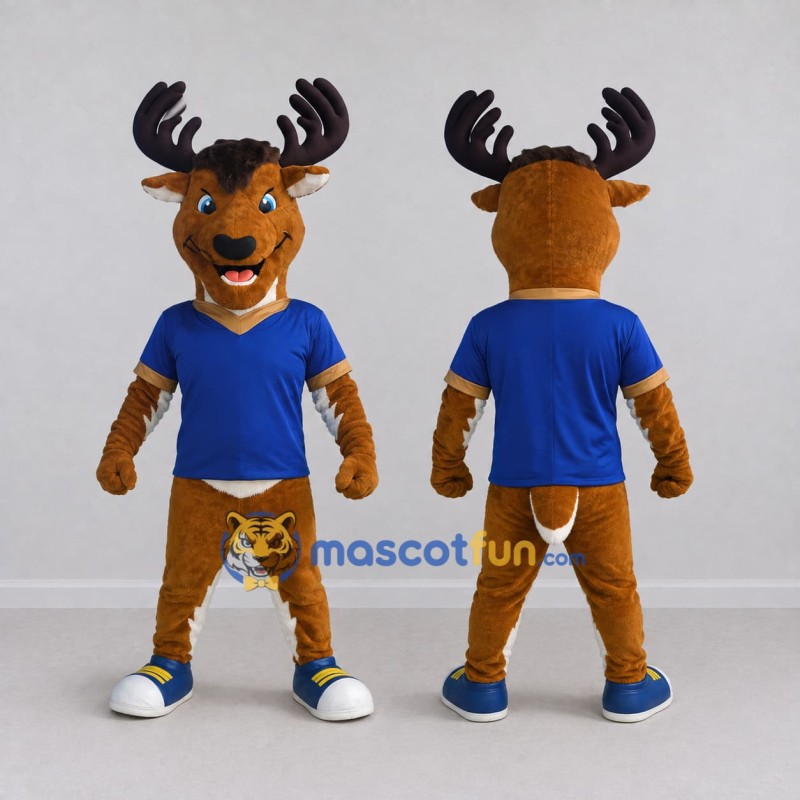 Custom Brown and Blue Deer Character in Sportswear Mascot Costume Adult Full Body Suit for Sports Events Custom Brown and Blue Deer Character in Sportswear Mascot Costume Adult Full Body Suit for Sports Events