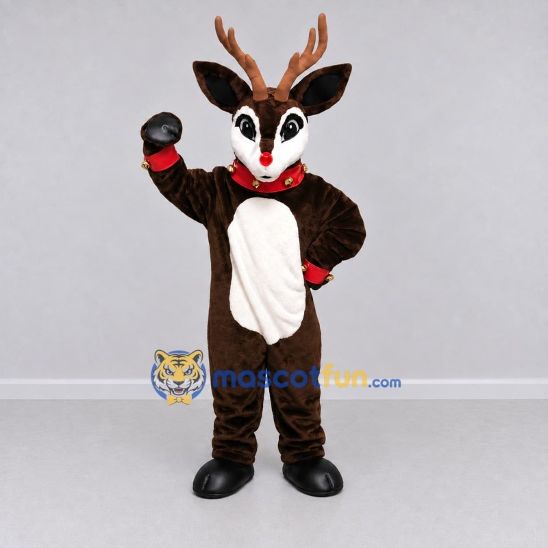 Custom Brown and White Red-Nosed Reindeer with a Collar Mascot Costume Adult Full Body Suit for Christmas Events