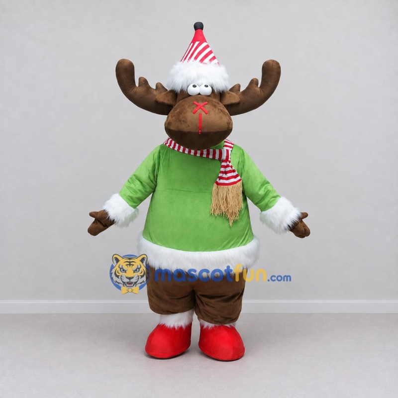 Custom Brown and Green Moose in a Christmas Outfit Mascot Costume Adult Full Body Suit for Christmas Events Custom Brown and Green Moose in a Christmas Outfit Mascot Costume Adult Full Body Suit for Christmas Events