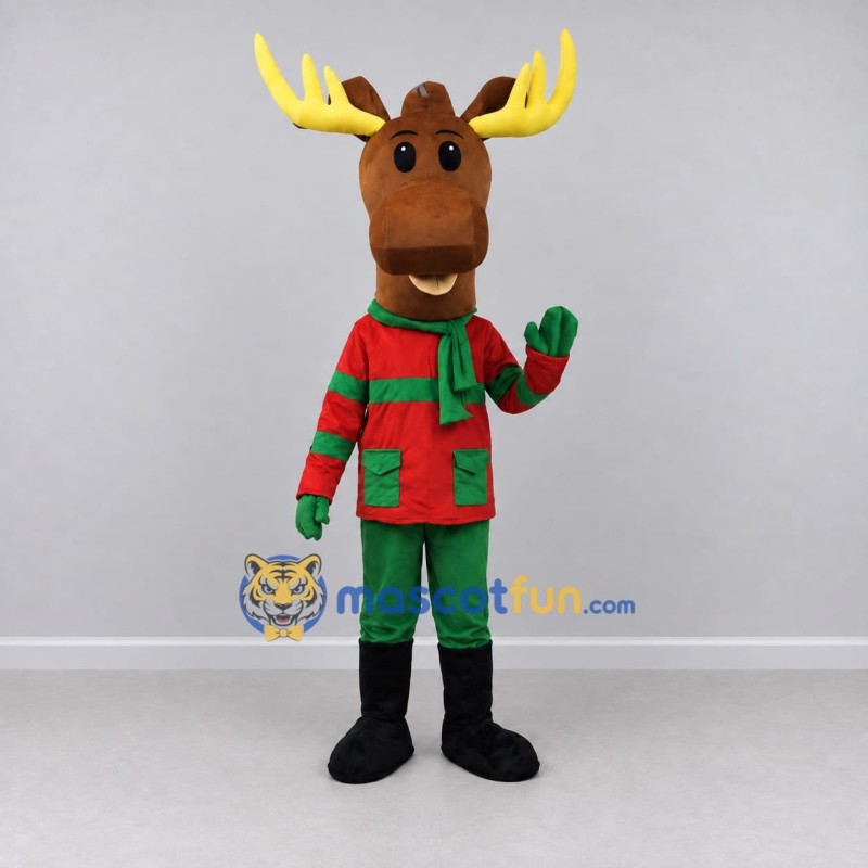 Custom Brown and Red Moose in a Festive Outfit Mascot Costume Adult Full Body Suit for Christmas Events