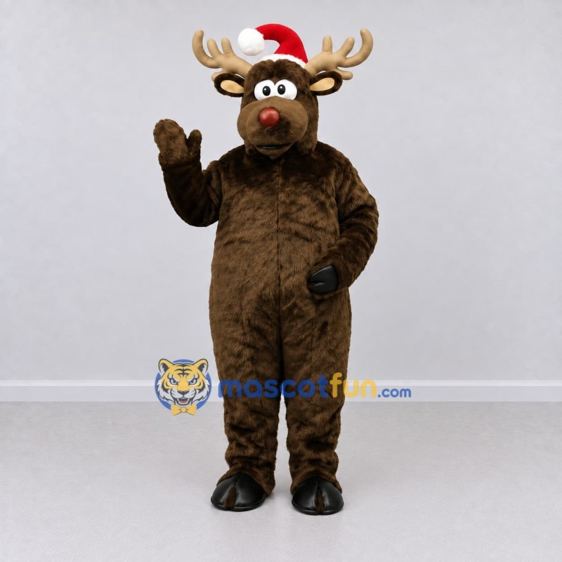 Custom Brown and Red Moose with a Santa Hat Mascot Costume Adult Full Body Suit for Christmas Events Custom Brown and Red Moose with a Santa Hat Mascot Costume Adult Full Body Suit for Christmas Events