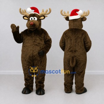 Custom Brown and Red Moose with a Santa Hat Mascot Costume Adult Full Body Suit for Christmas Events