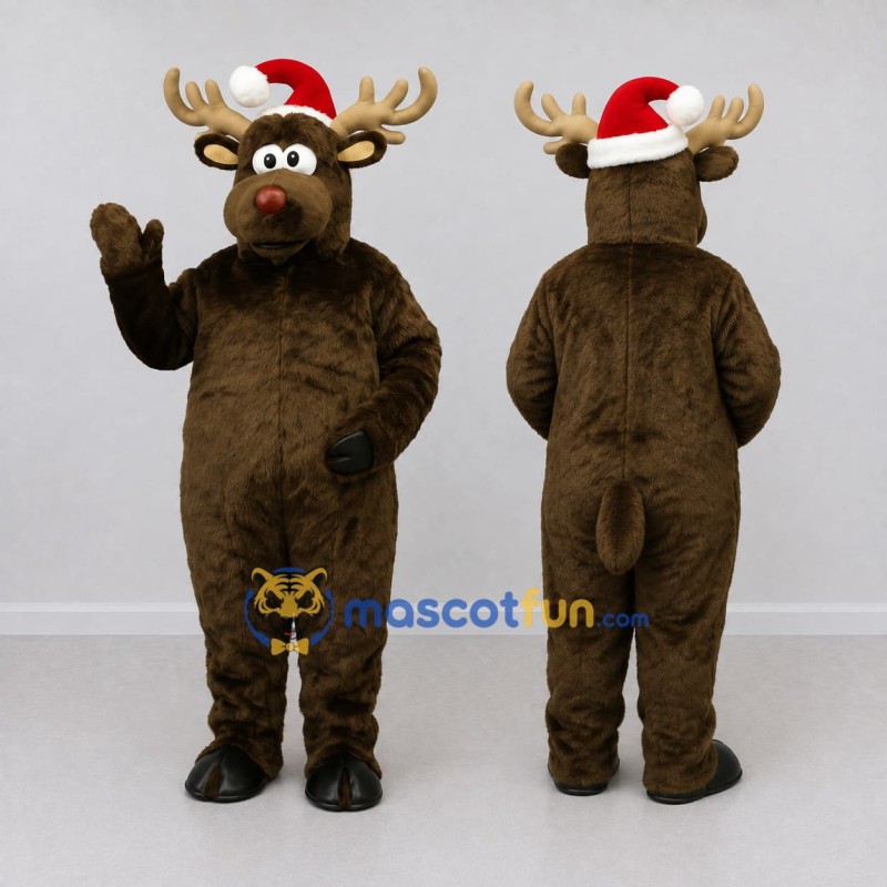 Custom Brown and Red Moose with a Santa Hat Mascot Costume Adult Full Body Suit for Christmas Events Custom Brown and Red Moose with a Santa Hat Mascot Costume Adult Full Body Suit for Christmas Events