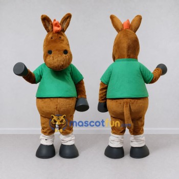 Custom Brown and Green Horse Character in a Shirt Mascot Costume Adult Full Body Suit for School Events