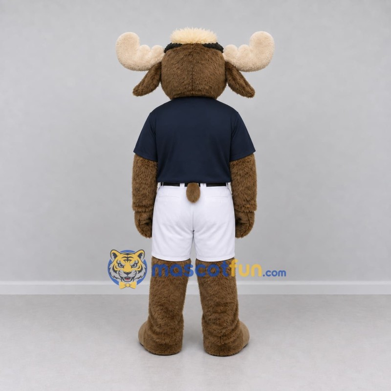 Custom Brown and Navy Blue Moose in a Polo Shirt and Shorts Mascot Costume Adult Full Body Suit for School Events Custom Brown and Navy Blue Moose in a Polo Shirt and Shorts Mascot Costume Adult Full Body Suit for School Events