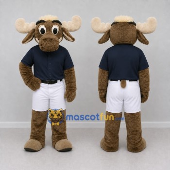 Custom Brown and Navy Blue Moose in a Polo Shirt and Shorts Mascot Costume Adult Full Body Suit for School Events