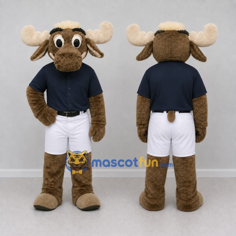 Custom Brown and Navy Blue Moose in a Polo Shirt and Shorts Mascot Costume Adult Full Body Suit for School Events Custom Brown and Navy Blue Moose in a Polo Shirt and Shorts Mascot Costume Adult Full Body Suit for School Events
