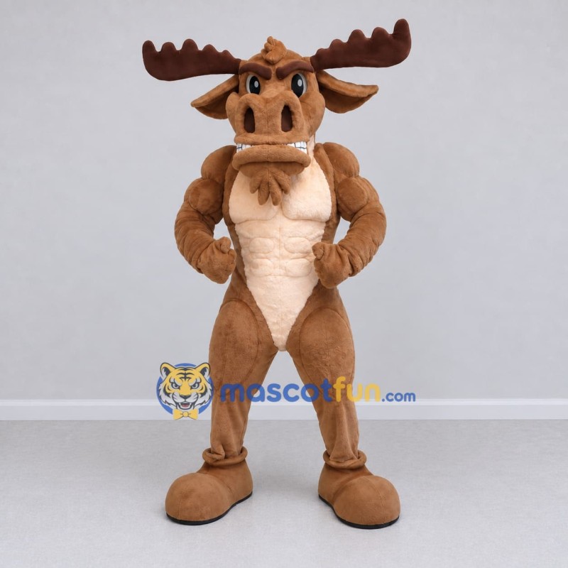 Custom Tan and Cream Muscular Moose Mascot Costume Adult Full Body Suit for Sports Events