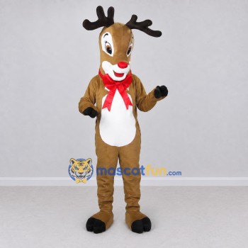 Custom Tan and White Red-Nosed Reindeer with a Bow Mascot Costume Adult Full Body Suit for Christmas Events
