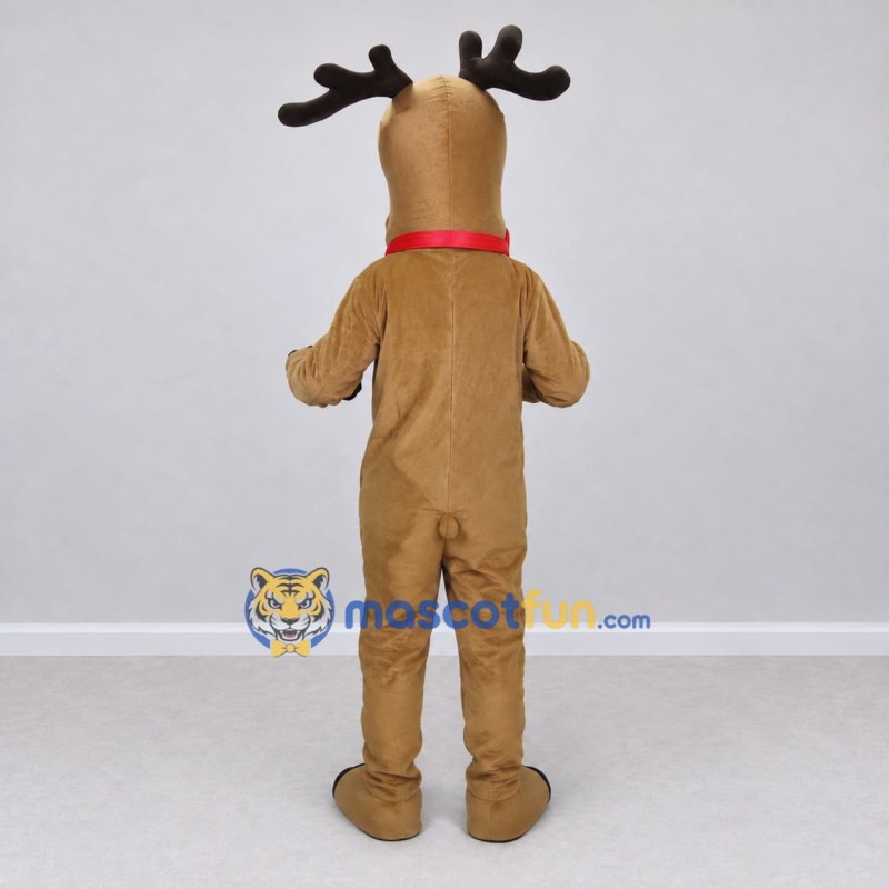Custom Tan and White Red-Nosed Reindeer with a Bow Mascot Costume Adult Full Body Suit for Christmas Events Custom Tan and White Red-Nosed Reindeer with a Bow Mascot Costume Adult Full Body Suit for Christmas Events
