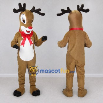 Custom Tan and White Red-Nosed Reindeer with a Bow Mascot Costume Adult Full Body Suit for Christmas Events