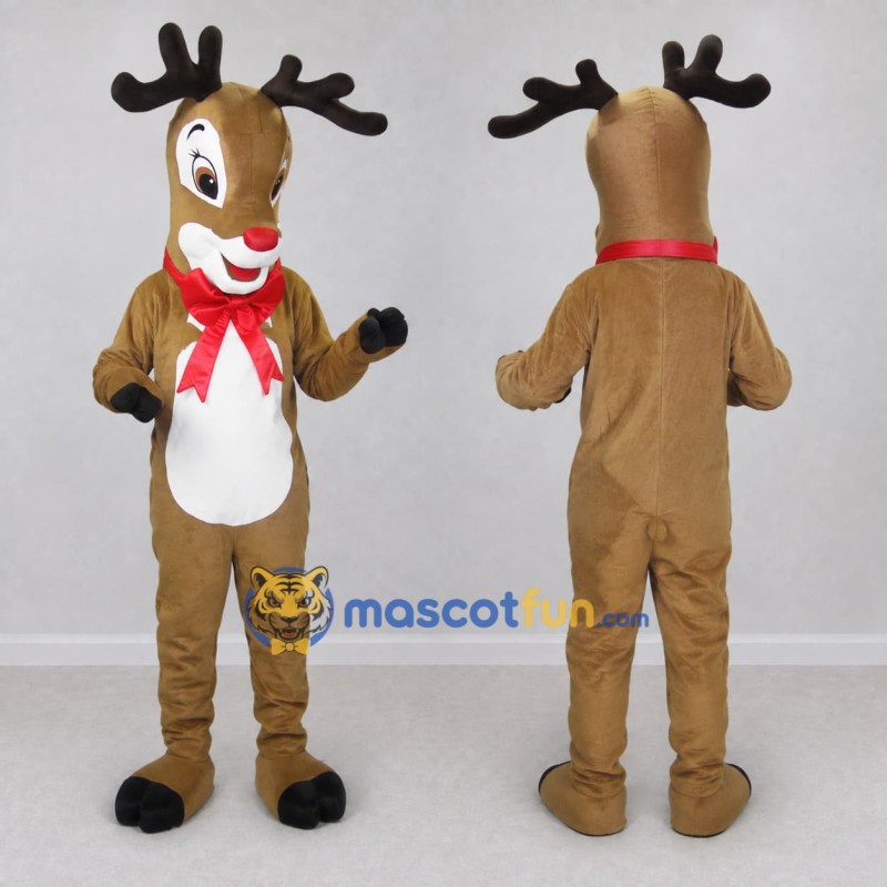 Custom Tan and White Red-Nosed Reindeer with a Bow Mascot Costume Adult Full Body Suit for Christmas Events Custom Tan and White Red-Nosed Reindeer with a Bow Mascot Costume Adult Full Body Suit for Christmas Events