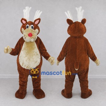 Custom Brown and Cream Red-Nosed Reindeer Mascot Costume Adult Full Body Suit for Christmas Events