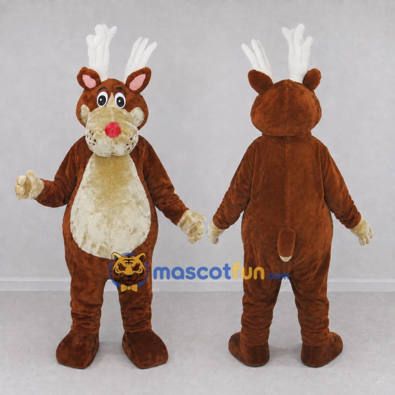 Custom Brown and Cream Red-Nosed Reindeer Mascot Costume Adult Full Body Suit for Christmas Events Custom Brown and Cream Red-Nosed Reindeer Mascot Costume Adult Full Body Suit for Christmas Events