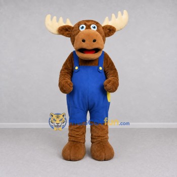 Custom Brown and Blue Moose in Overalls Mascot Costume Adult Full Body Suit for School Events Custom Brown and Blue Moose in Overalls Mascot Costume Adult Full Body Suit for School Events