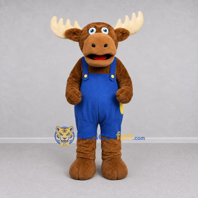 Custom Brown and Blue Moose in Overalls Mascot Costume Adult Full Body Suit for School Events Custom Brown and Blue Moose in Overalls Mascot Costume Adult Full Body Suit for School Events
