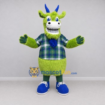 Custom Green and Blue Goat Character in a Plaid Shirt Mascot Costume Adult Full Body Suit for School Events Custom Green and Blue Goat Character in a Plaid Shirt Mascot Costume Adult Full Body Suit for School Events