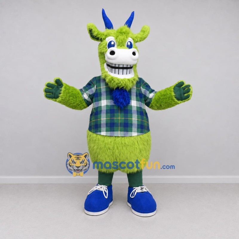 Custom Green and Blue Goat Character in a Plaid Shirt Mascot Costume Adult Full Body Suit for School Events