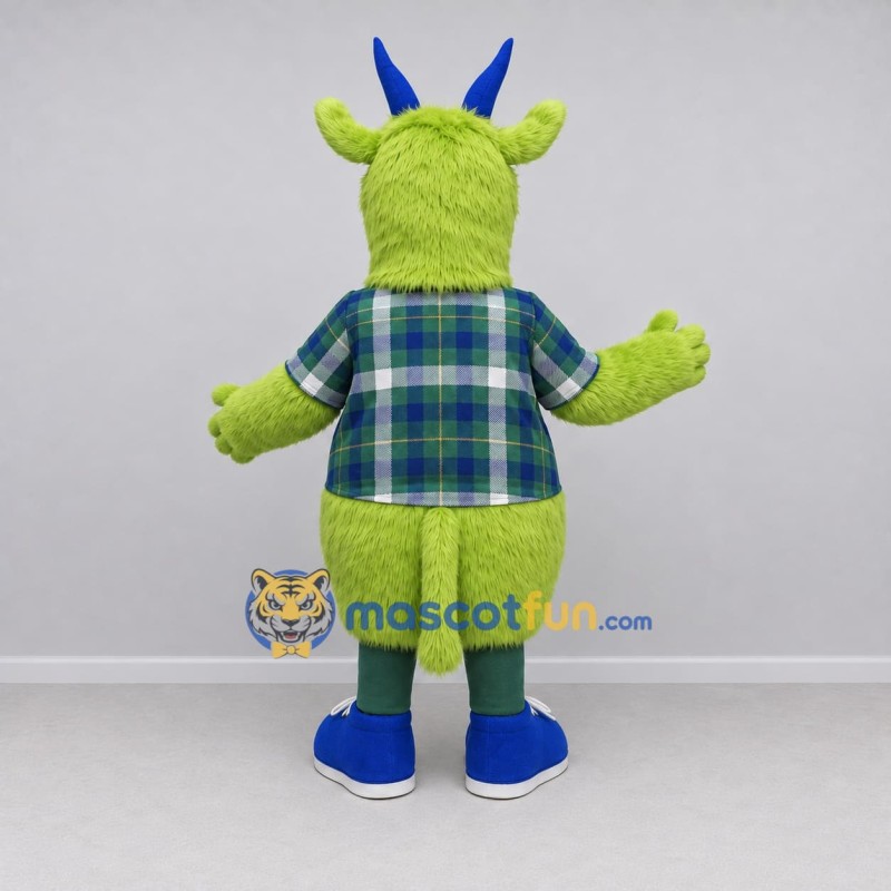 Custom Green and Blue Goat Character in a Plaid Shirt Mascot Costume Adult Full Body Suit for School Events