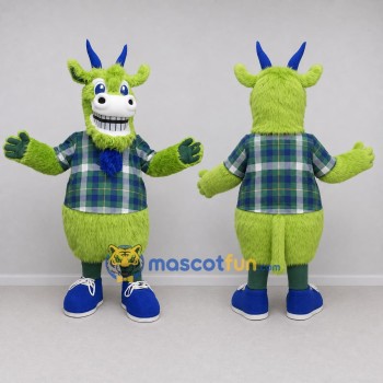 Custom Green and Blue Goat Character in a Plaid Shirt Mascot Costume Adult Full Body Suit for School Events