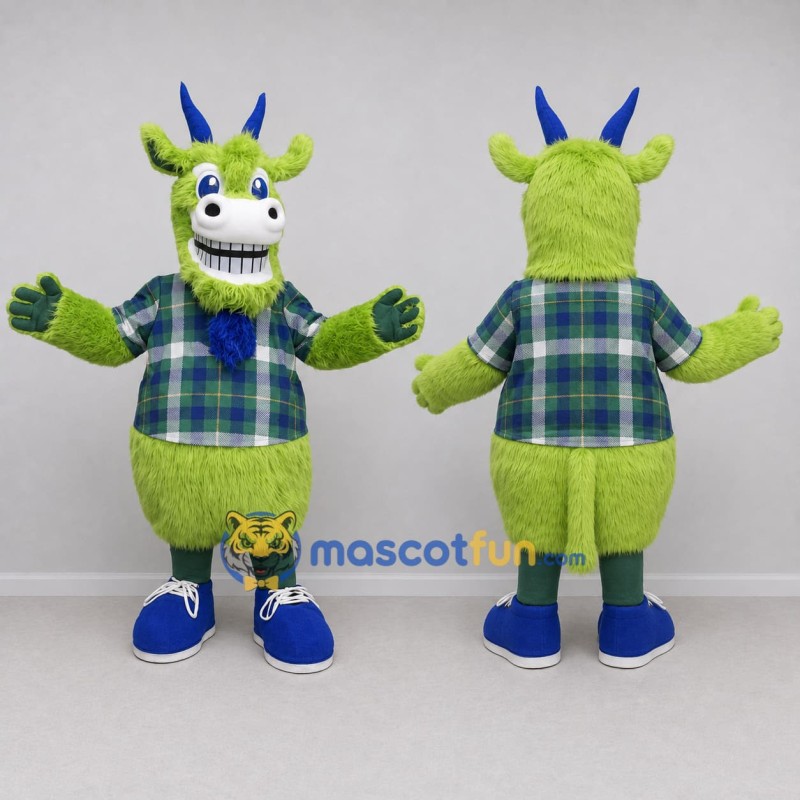 Custom Green and Blue Goat Character in a Plaid Shirt Mascot Costume Adult Full Body Suit for School Events