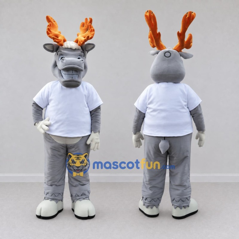 Custom Gray and Orange Deer Character in a Shirt Mascot Costume Adult Full Body Suit for School Events Custom Gray and Orange Deer Character in a Shirt Mascot Costume Adult Full Body Suit for School Events