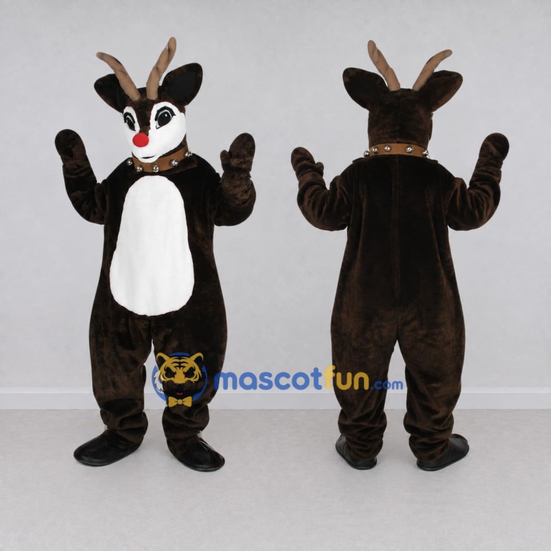 Custom Dark Brown and White Red-Nosed Reindeer Mascot Costume Adult Full Body Suit for Christmas Events
