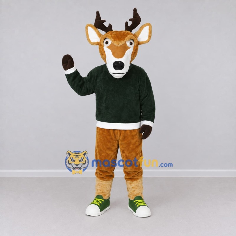 Custom Tan and Green Deer in a Sweater Mascot Costume Adult Full Body Suit for School Events