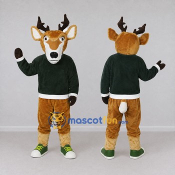 Custom Tan and Green Deer in a Sweater Mascot Costume Adult Full Body Suit for School Events