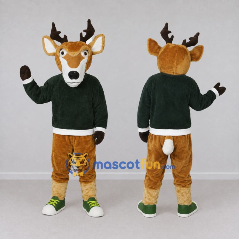 Custom Tan and Green Deer in a Sweater Mascot Costume Adult Full Body Suit for School Events